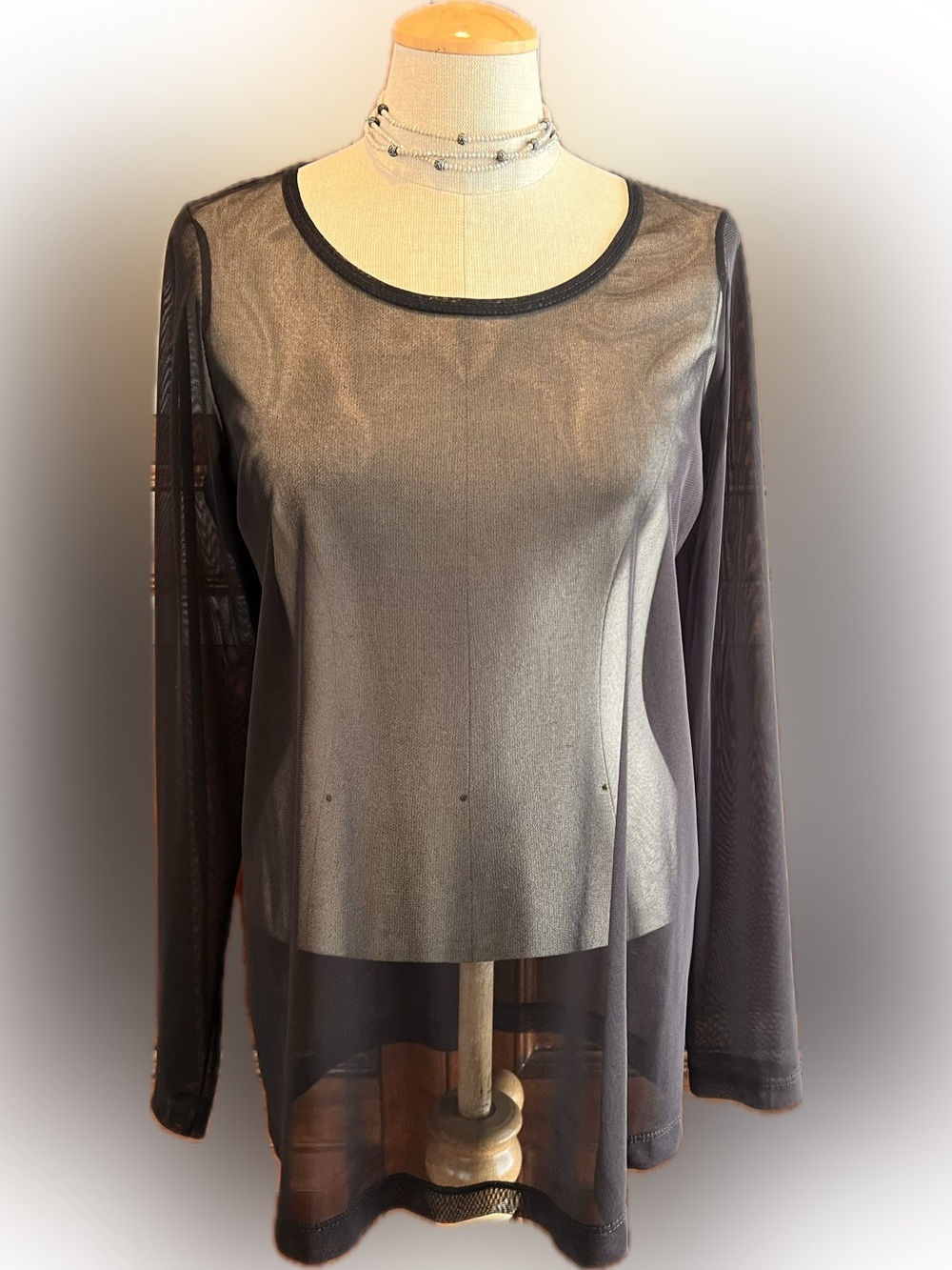 PICADILLY Sheer Black Mesh Long Sleeve Top- M